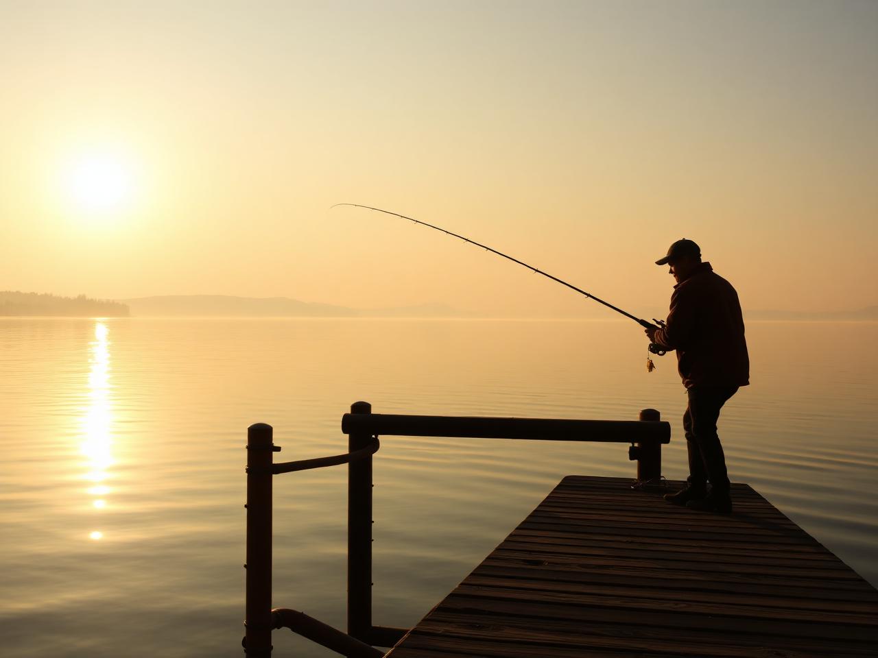 Angler auf Holzsteg im goldenen Abendlicht