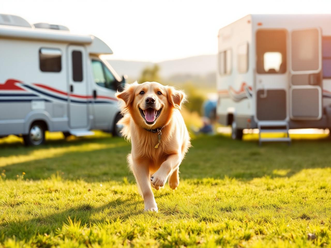 Fröhlicher Hund läuft über die Wiese am Wohnmobil
