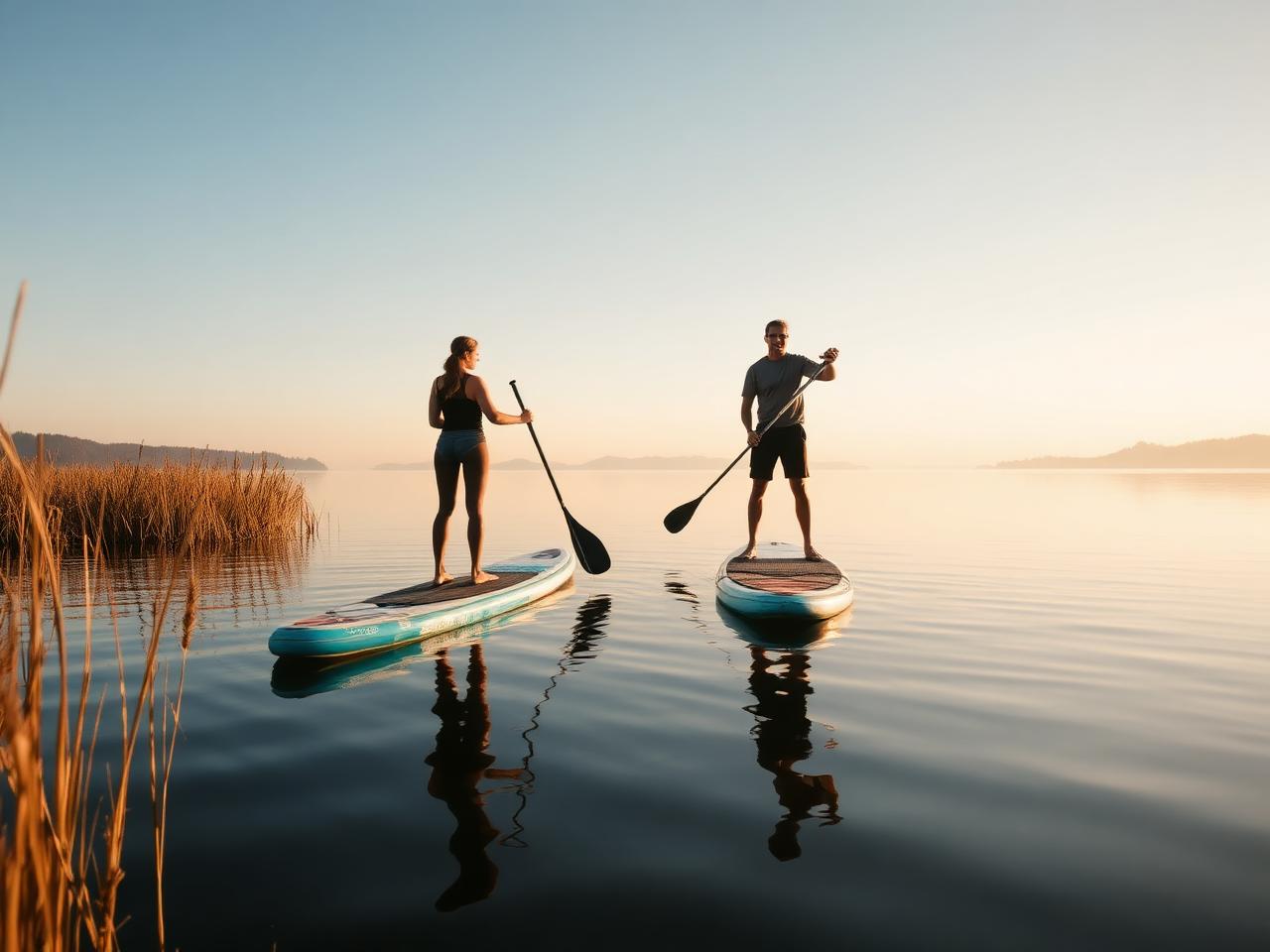 Kanufahrer auf ruhigem See im Morgenlicht