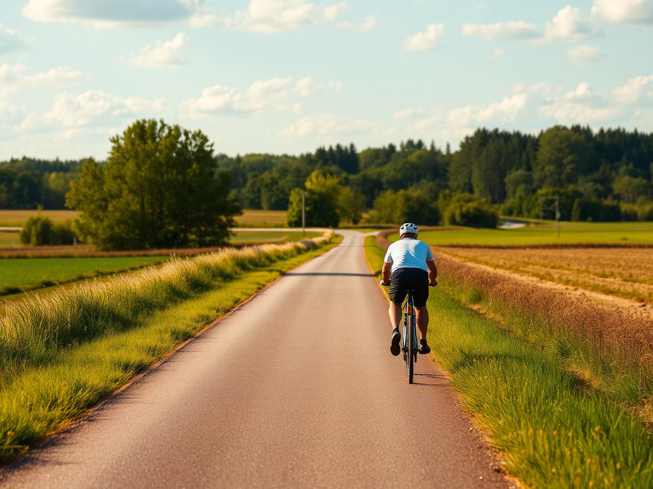 Radfahrer auf Landstraße durch Mecklenburger Felder