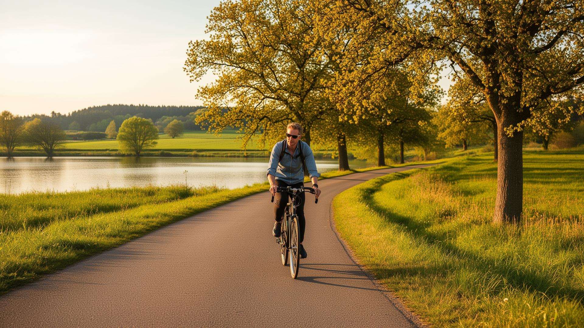 Radfahrer auf einer Landstraße am Kummerower See