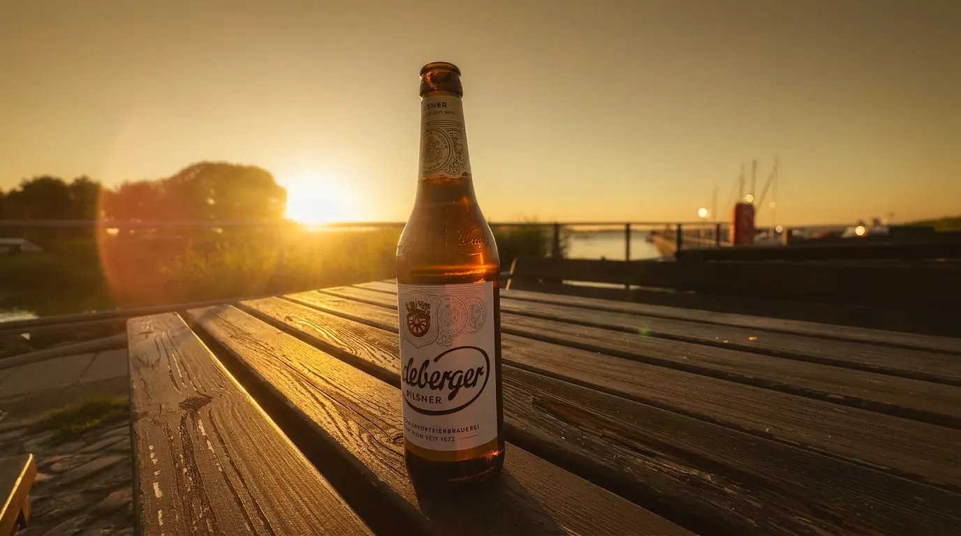 Feierabendbier am Hafen Kieker mit Blick auf den Sonnenuntergang über dem See